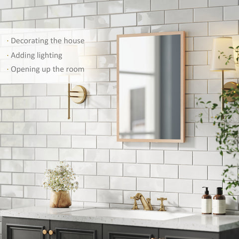 Rectangle shape HOMCOM medicine cabinet with natural wood frame and clear glass door for living room and bathroom wall use