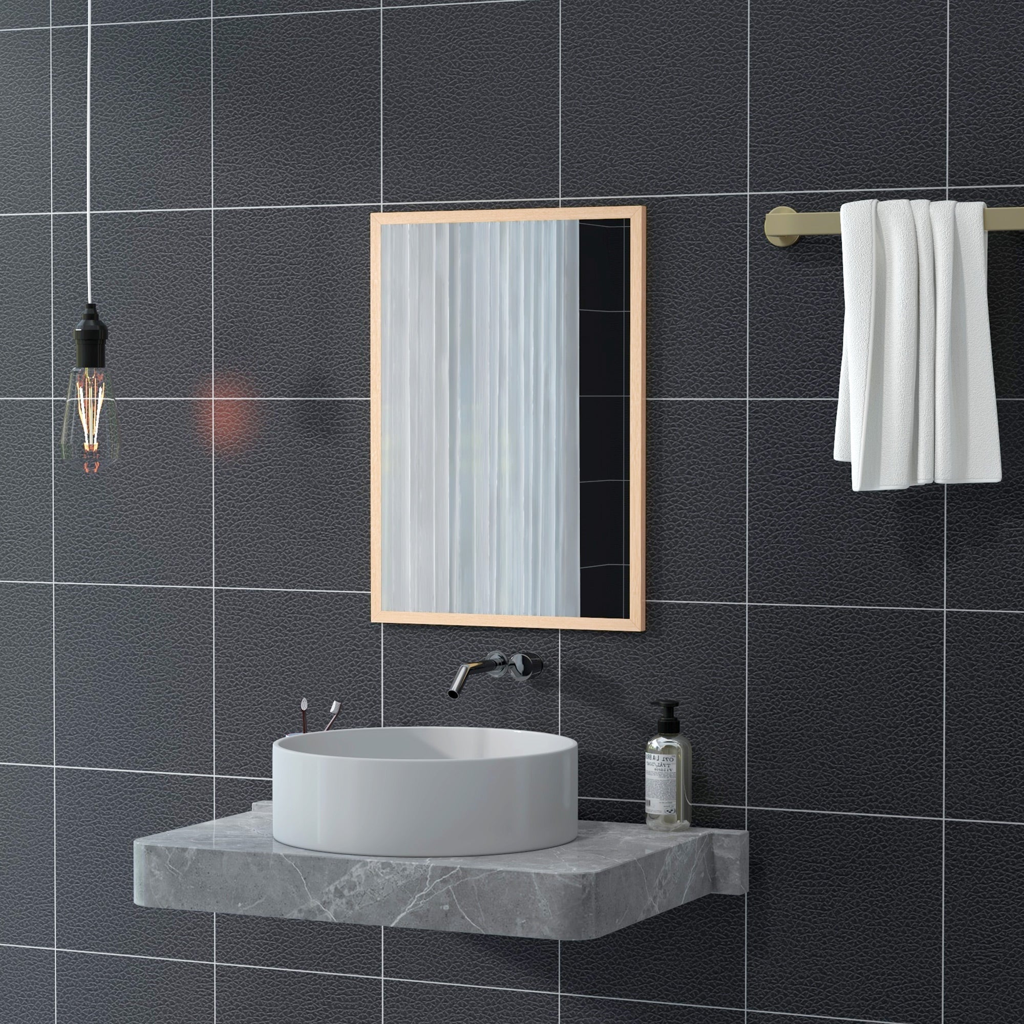 Modern rectangular wall bathroom mirror with natural wood frame above white vessel sink in living room use