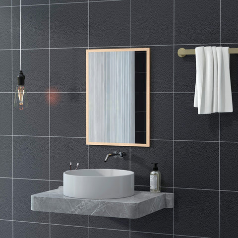 Modern rectangular wall bathroom mirror with natural wood frame above white vessel sink in living room use