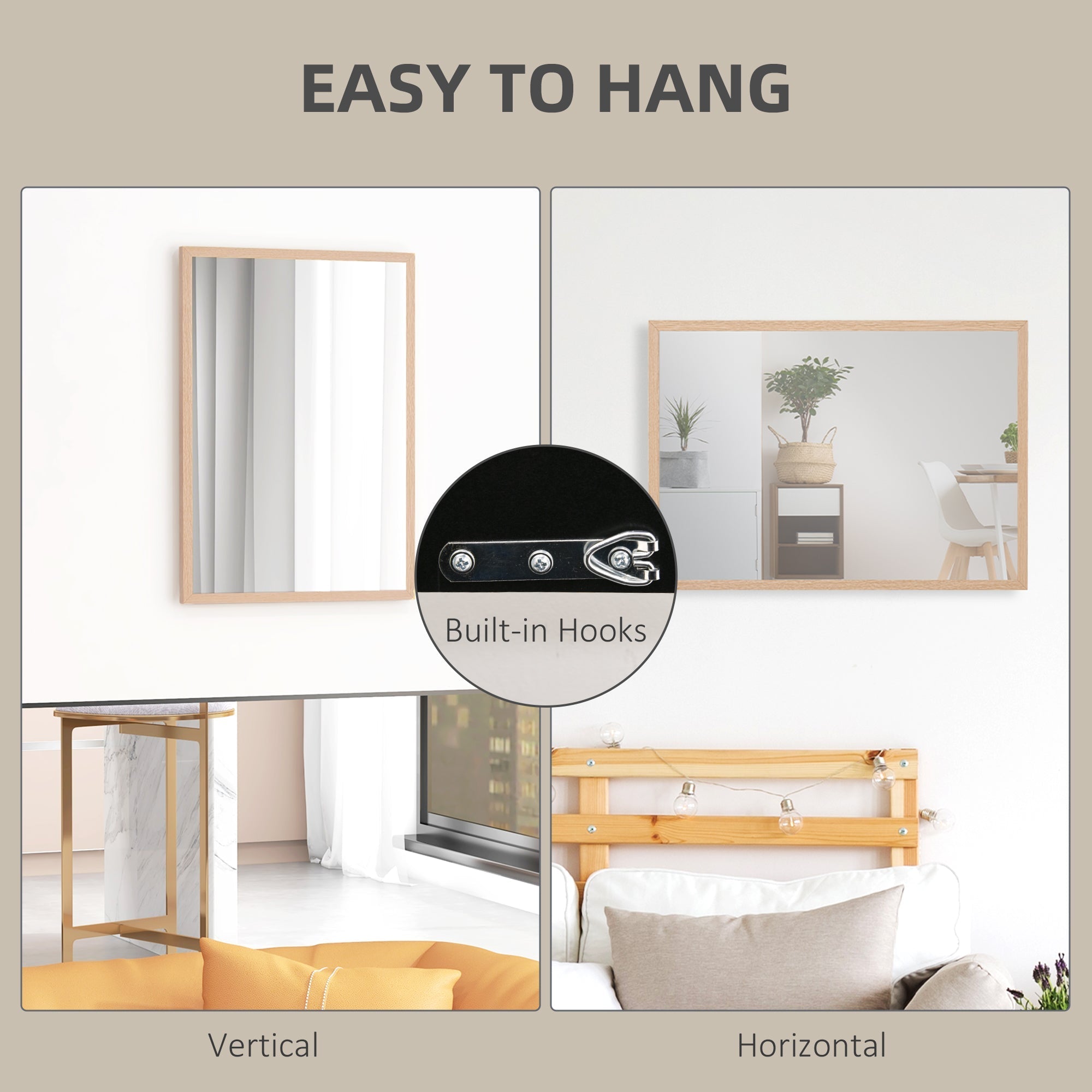 Rectangular wall mirror with light wood frame and built-in hooks for easy hanging in living room or bedroom