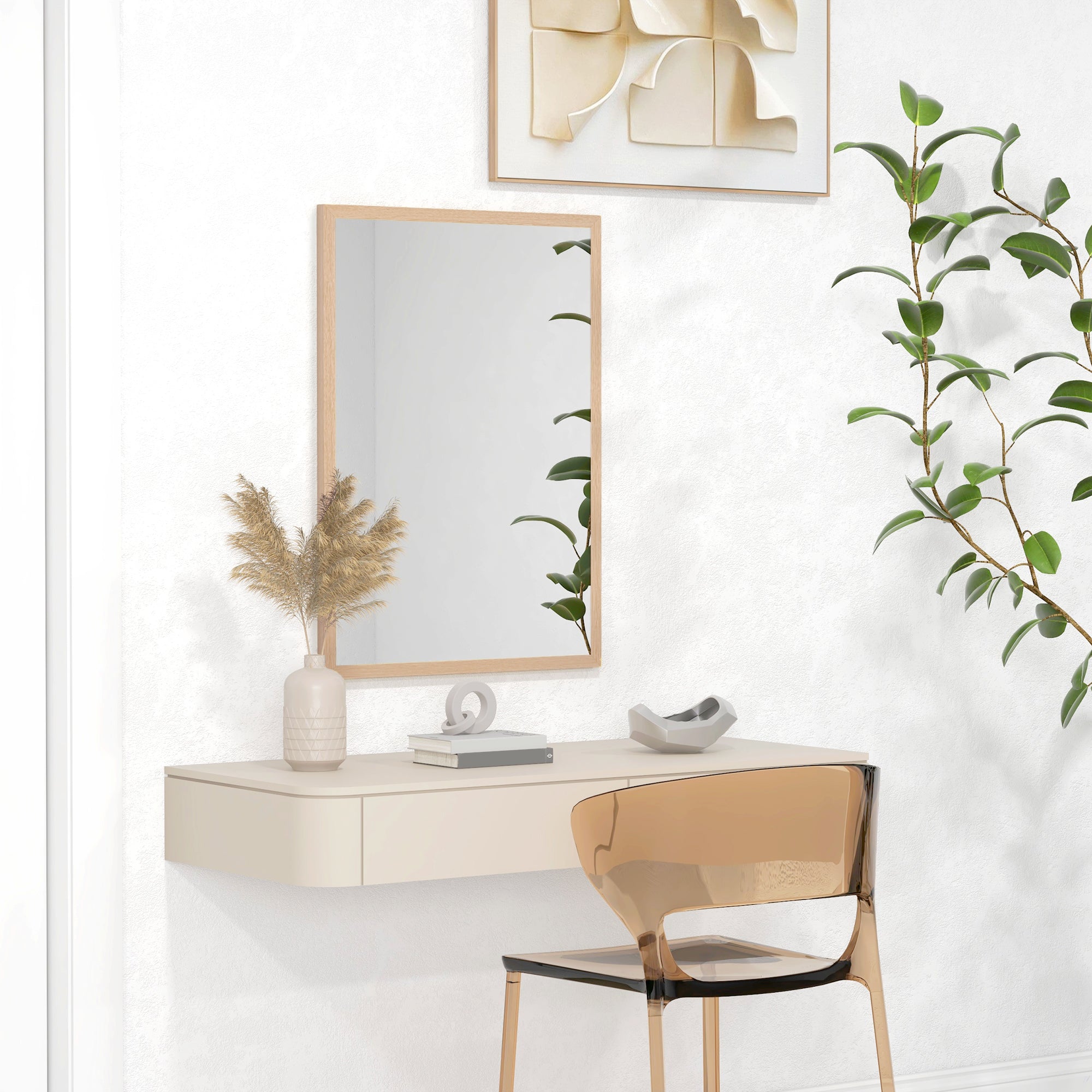 A sleek rectangle shape wall-mounted vanity with light beige finish and integrated drawer for living room natural wood decor