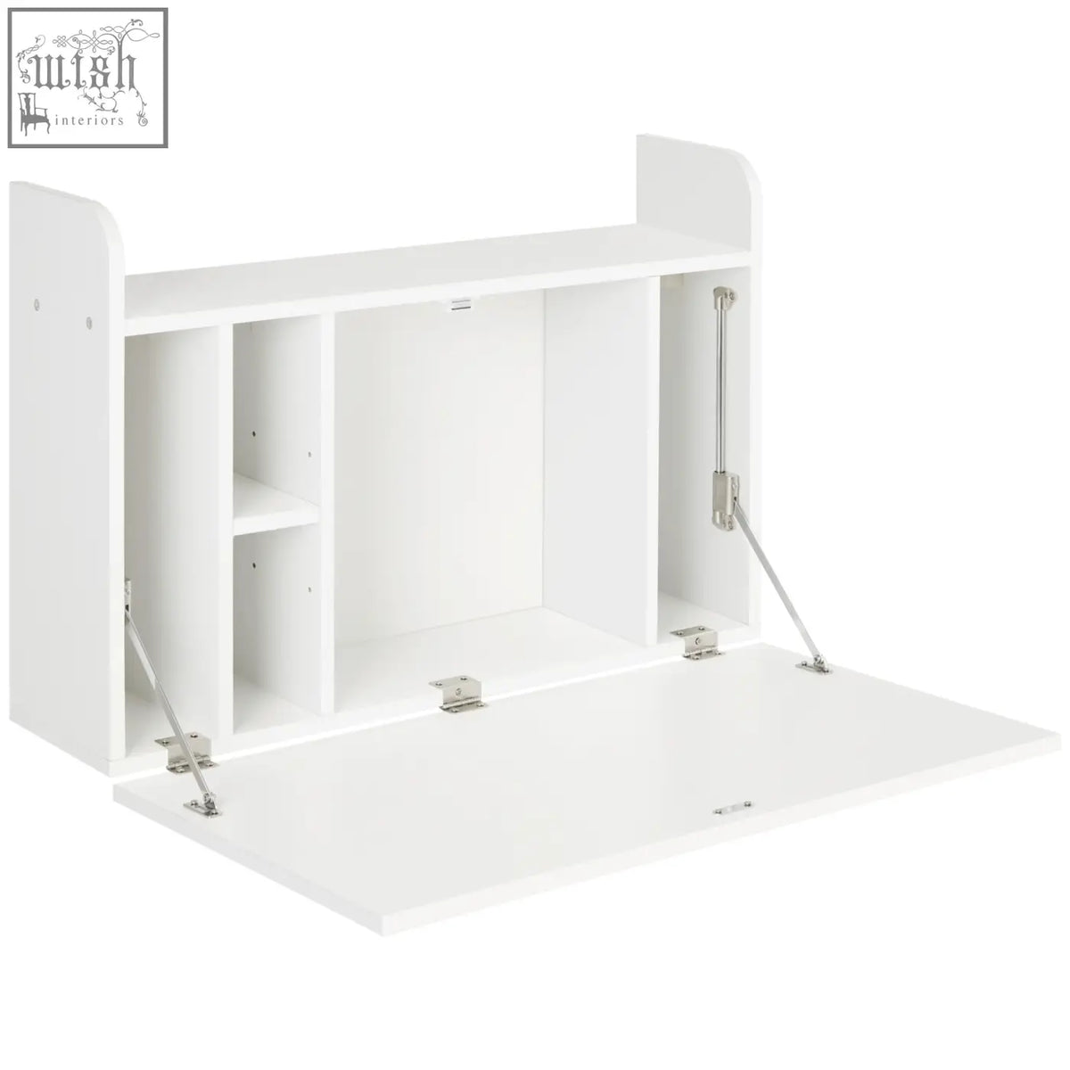 White fold-down wall mounted desk with silver metal arms featuring magnetic working panel for space saving study use