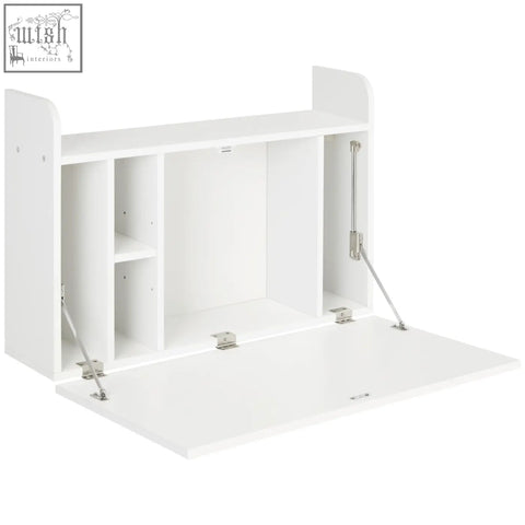 White fold-down wall mounted desk with silver metal arms featuring magnetic working panel for space saving study use