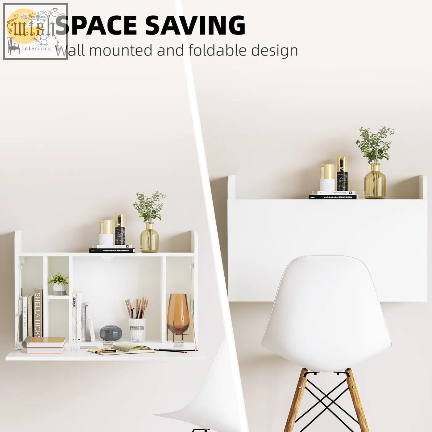 White wall mounted shelf with foldable design and open cubbies ideal for space saving and magnetic working panel use