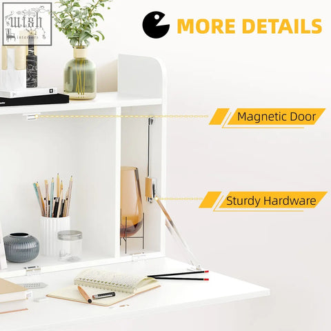White homcom wall mounted drop leaf floating laptop desk with magnetic working panel and space saving storage compartments