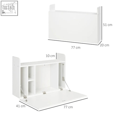 White foldable wall mounted desk with adjustable shelf compartments and metal hinges perfect for magnetic working spaces