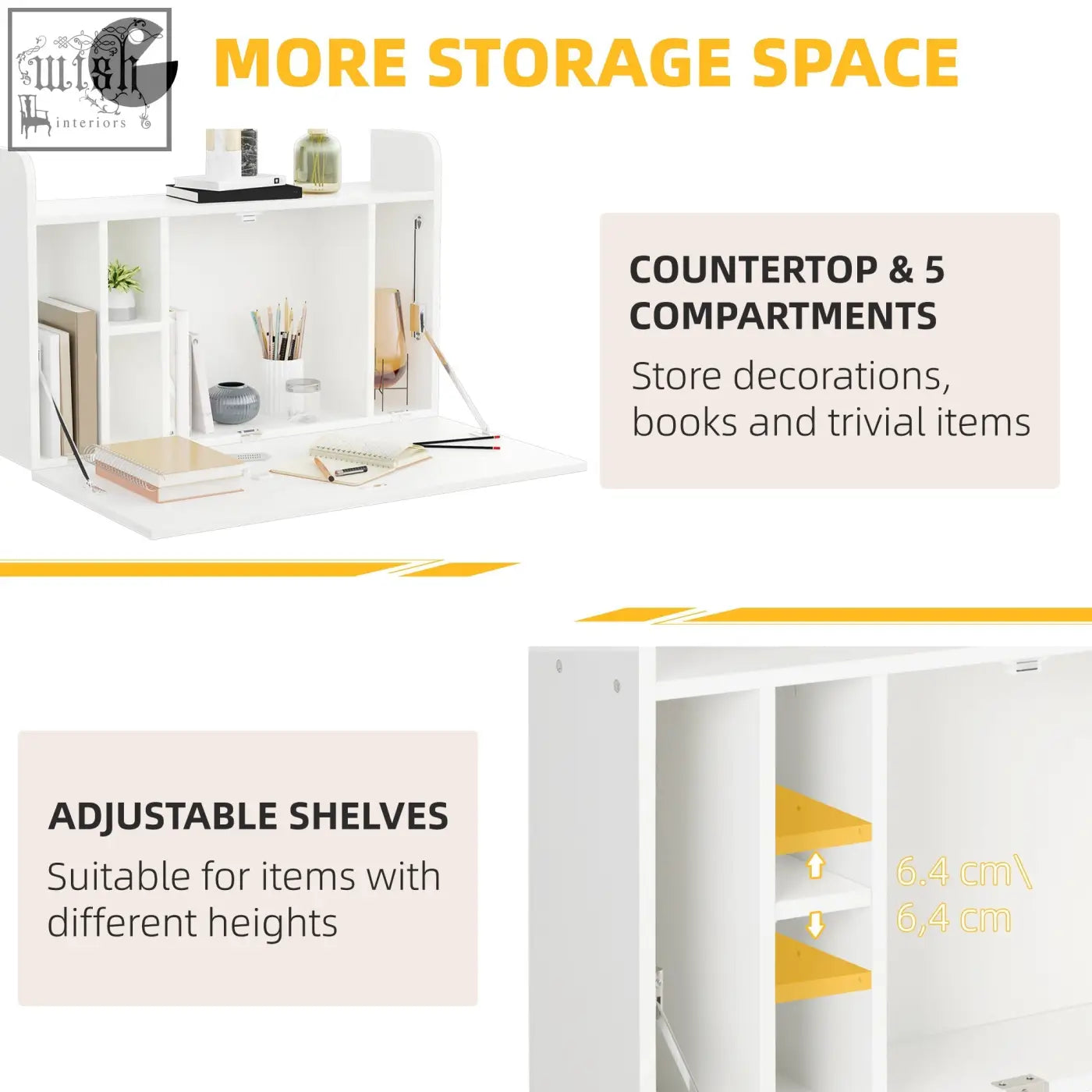White wall mounted desk with adjustable shelves and five compartments featuring magnetic working panel for home office