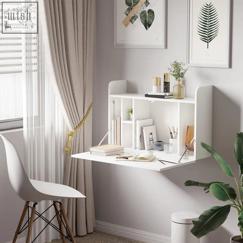 White wall mounted folding desk with magnetic working panel and open shelves for home office space saving storage