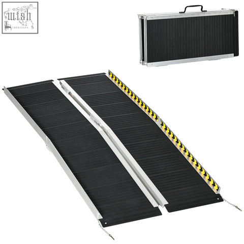 Black rubber coated aluminium alloy wheelchair ramp with yellow striped safety edges for threshold use