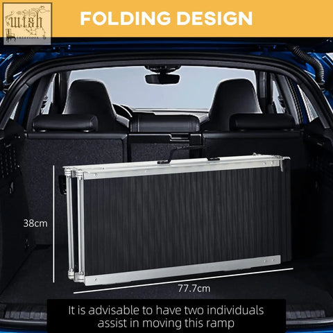Black folding wheelchair ramp with silver aluminium alloy frame and non skid surface for easy vehicle transport