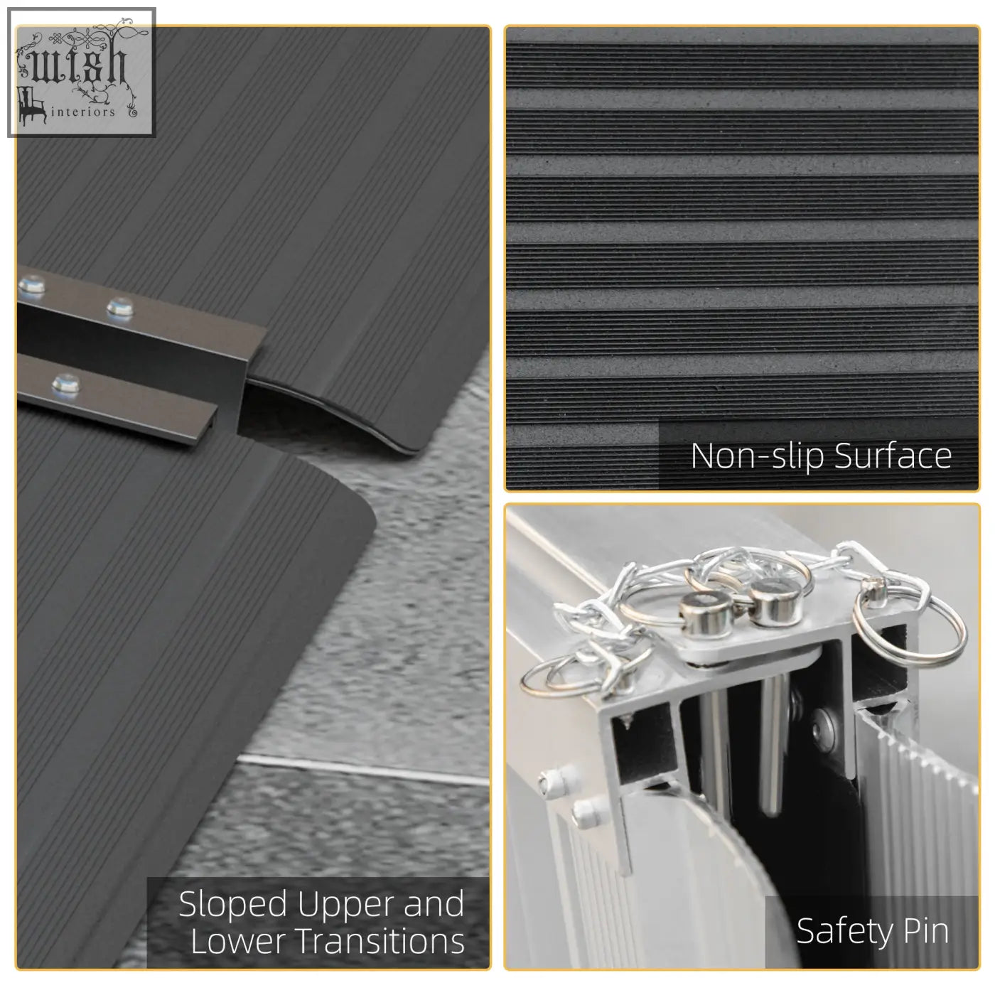 Black rubber mat with ribbed non-slip surface and metal pin on aluminium alloy wheelchair ramp threshold ramp