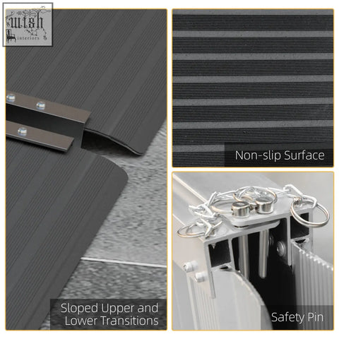 Black rubber mat with ribbed non-slip surface and metal pin on aluminium alloy wheelchair ramp threshold ramp