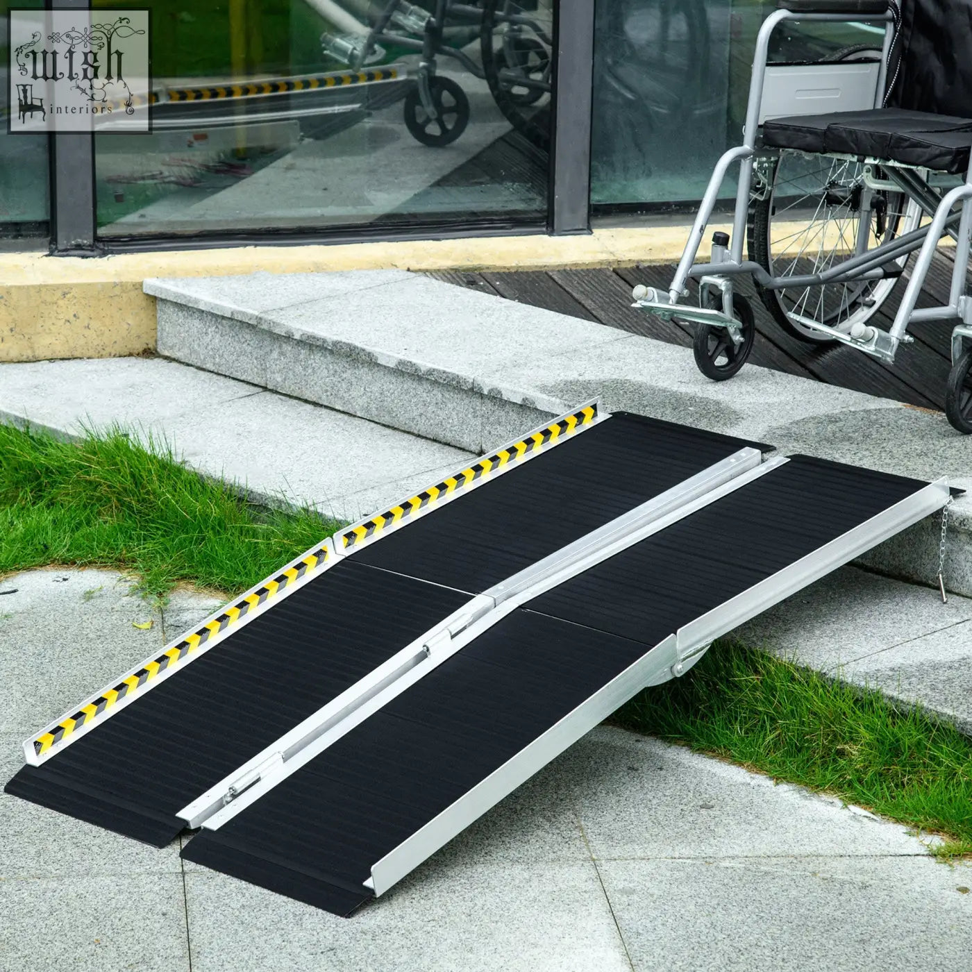 Black and silver aluminium alloy wheelchair ramp with yellow striped safety edges folding threshold ramp for home use