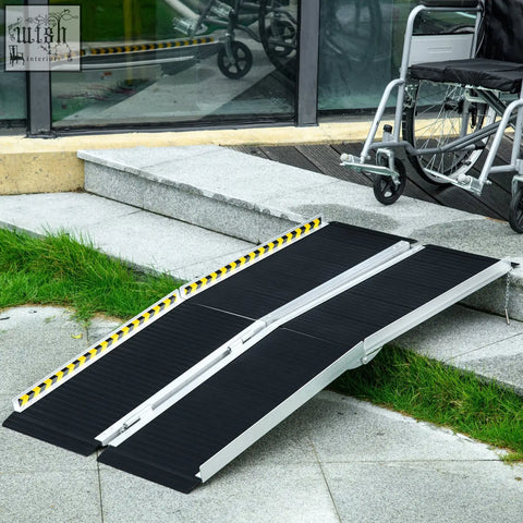 Black and silver aluminium alloy wheelchair ramp with yellow striped safety edges folding threshold ramp for home use