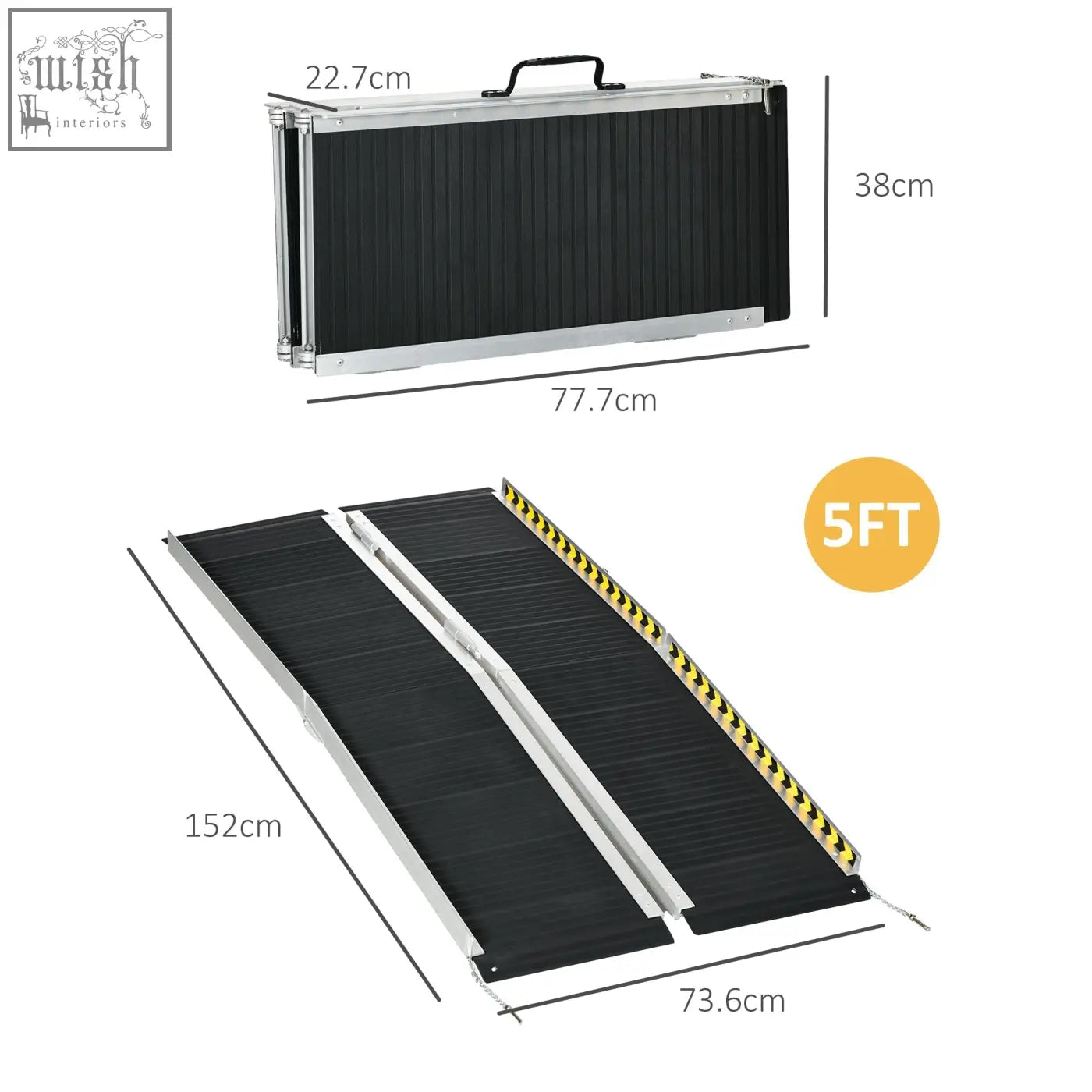 Black and silver aluminium alloy wheelchair ramp with textured surface and yellow safety stripes for thresholds and stairs