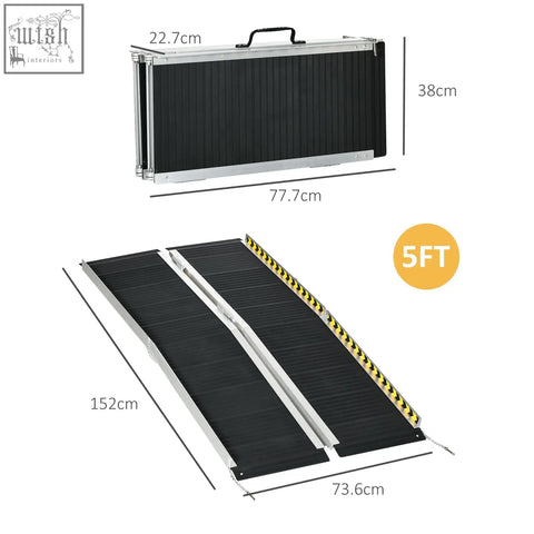 Black and silver aluminium alloy wheelchair ramp with textured surface and yellow safety stripes for thresholds and stairs