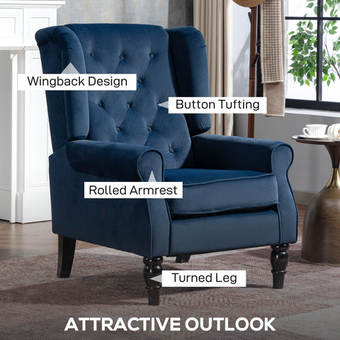 Deep navy blue velvet wingback accent chair with button tufting rolled arms and floor height turned legs for living room