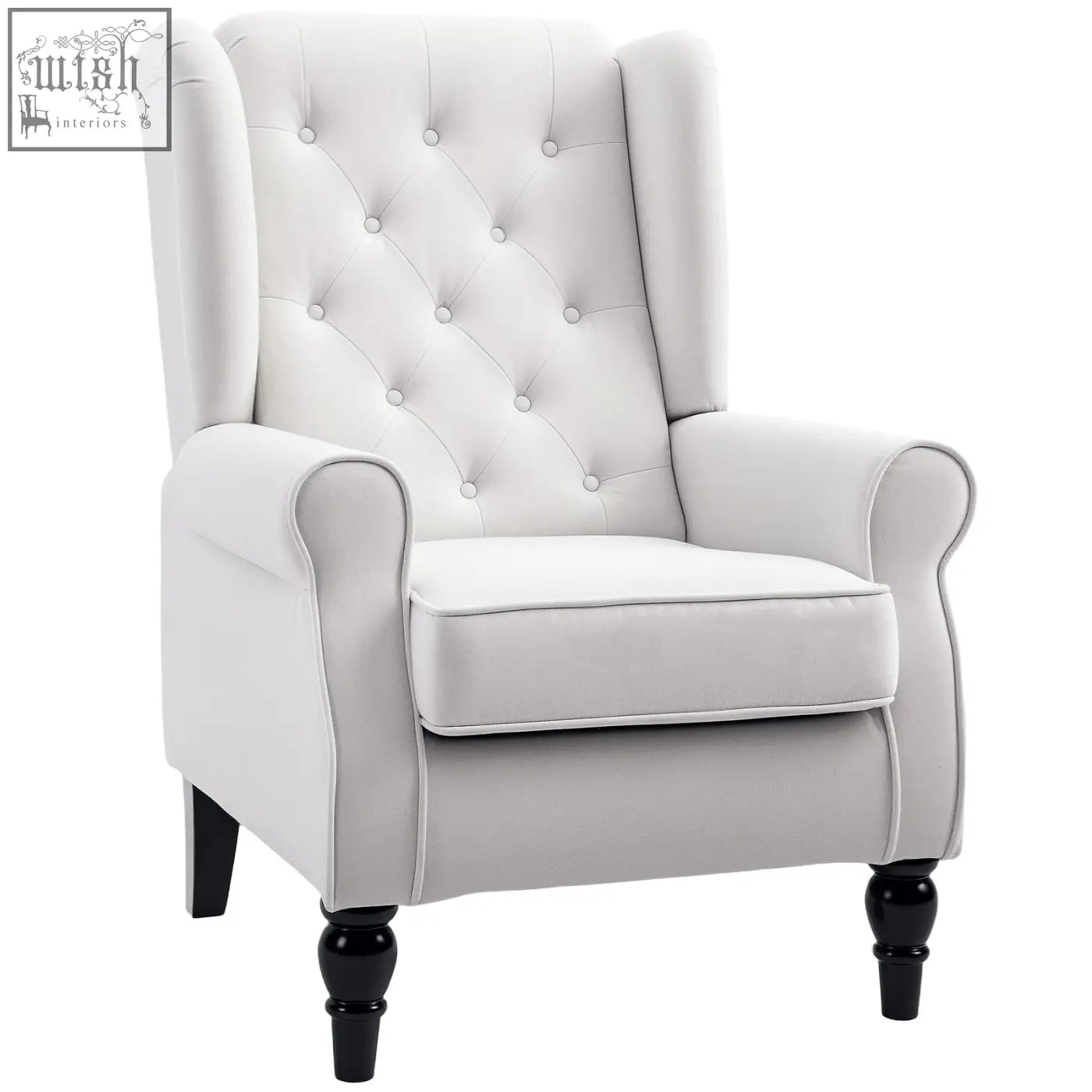 Cream white homcom wingback accent chair with button tufted upholstery and black wooden frame legs for living room