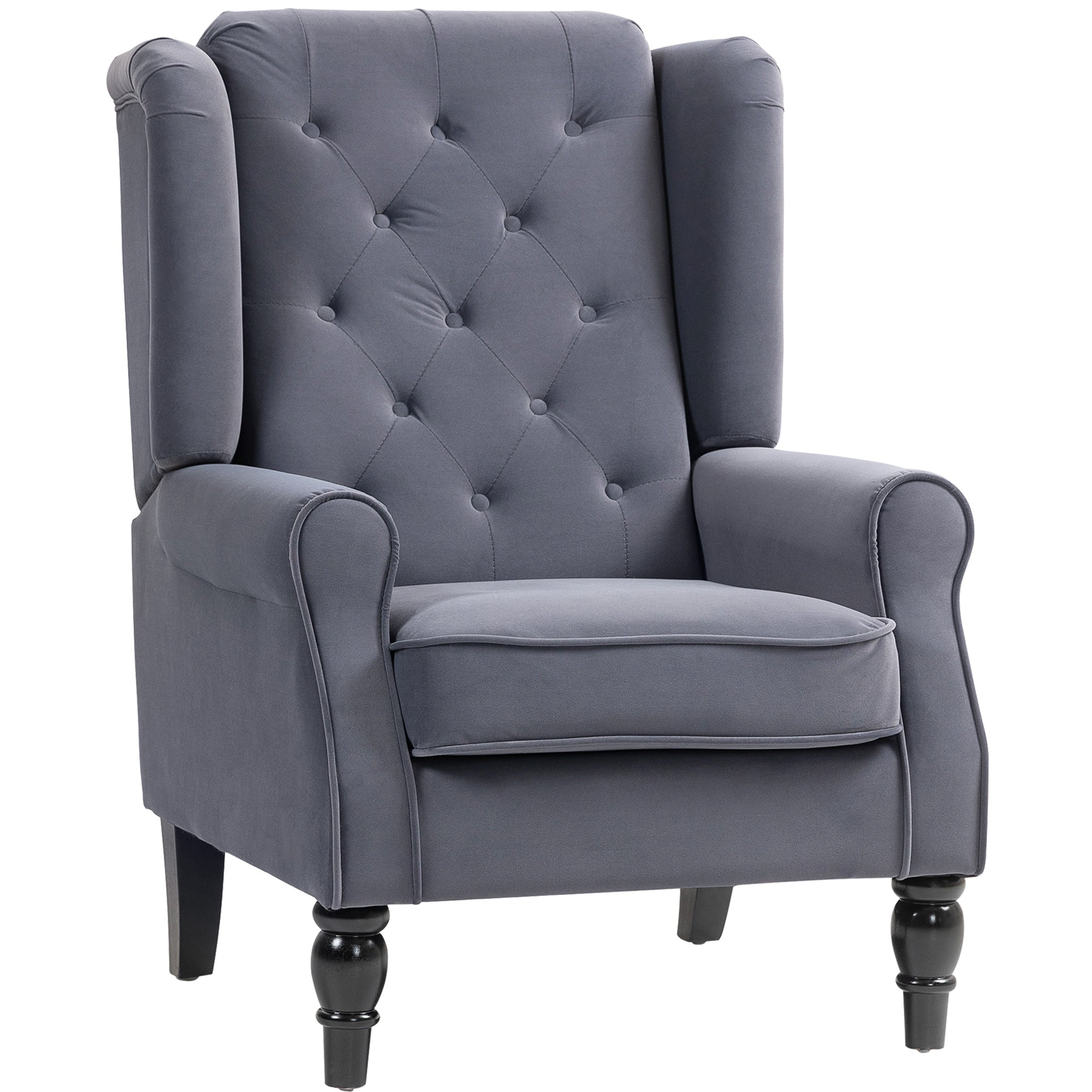 Charcoal grey HOMCOM wingback accent chair with velvet upholstery and dark wooden legs at floor height