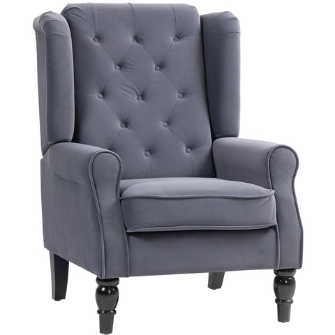 Charcoal grey HOMCOM wingback accent chair with velvet upholstery and dark wooden legs at floor height