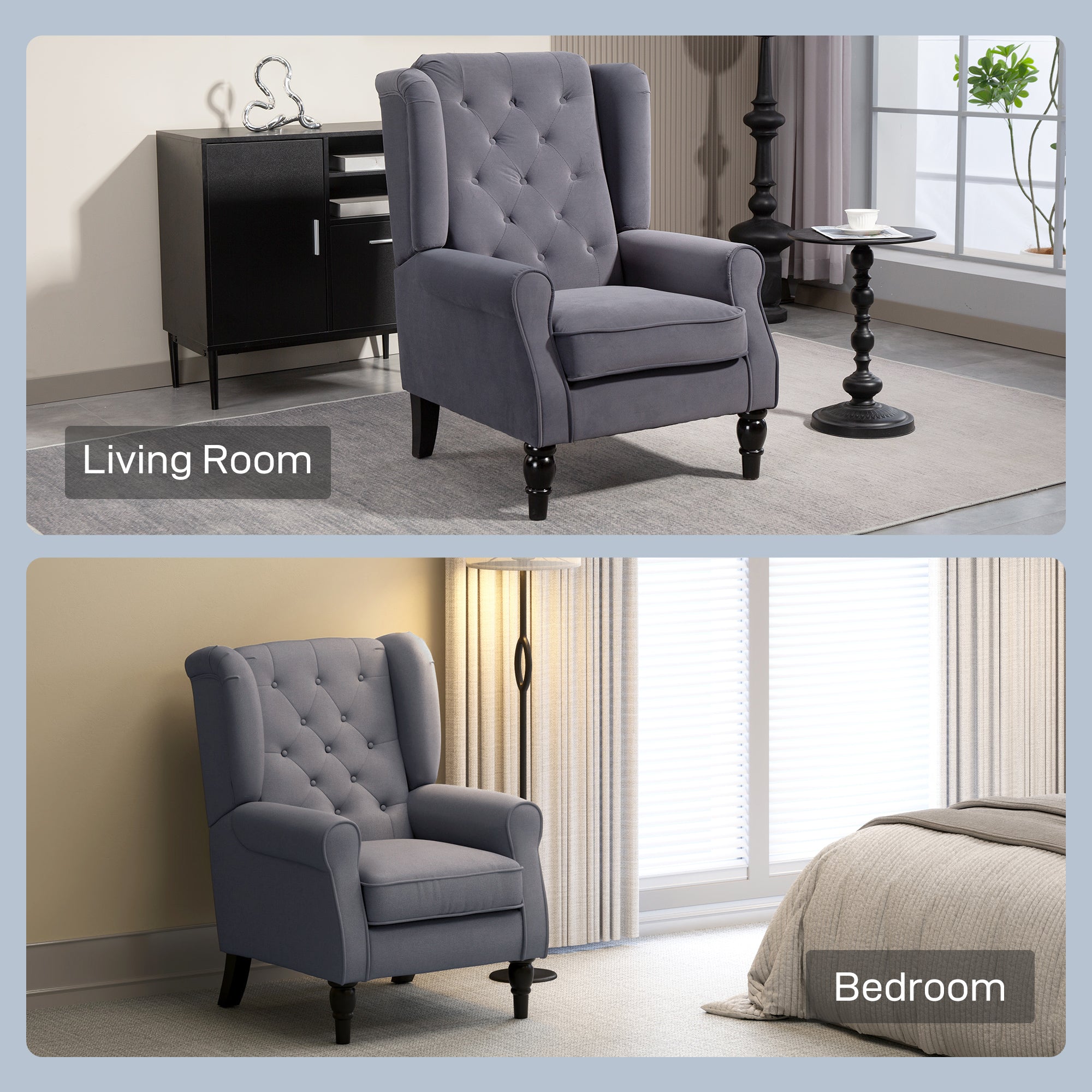 Charcoal grey HOMCOM wingback accent chair with tufted upholstery and dark wooden legs at floor height