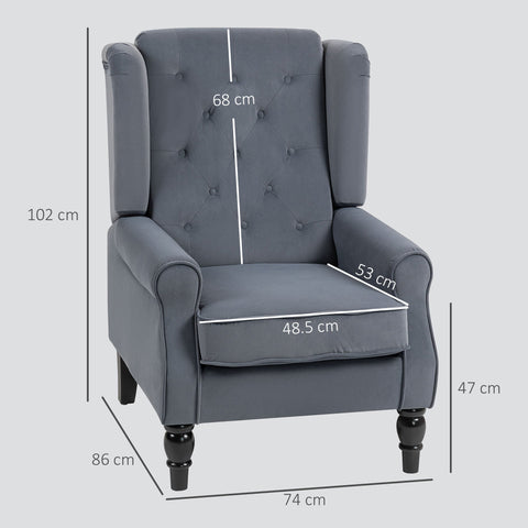 Gray tufted wingback accent chair with black wooden legs and floor height ideal for living room and bedroom use