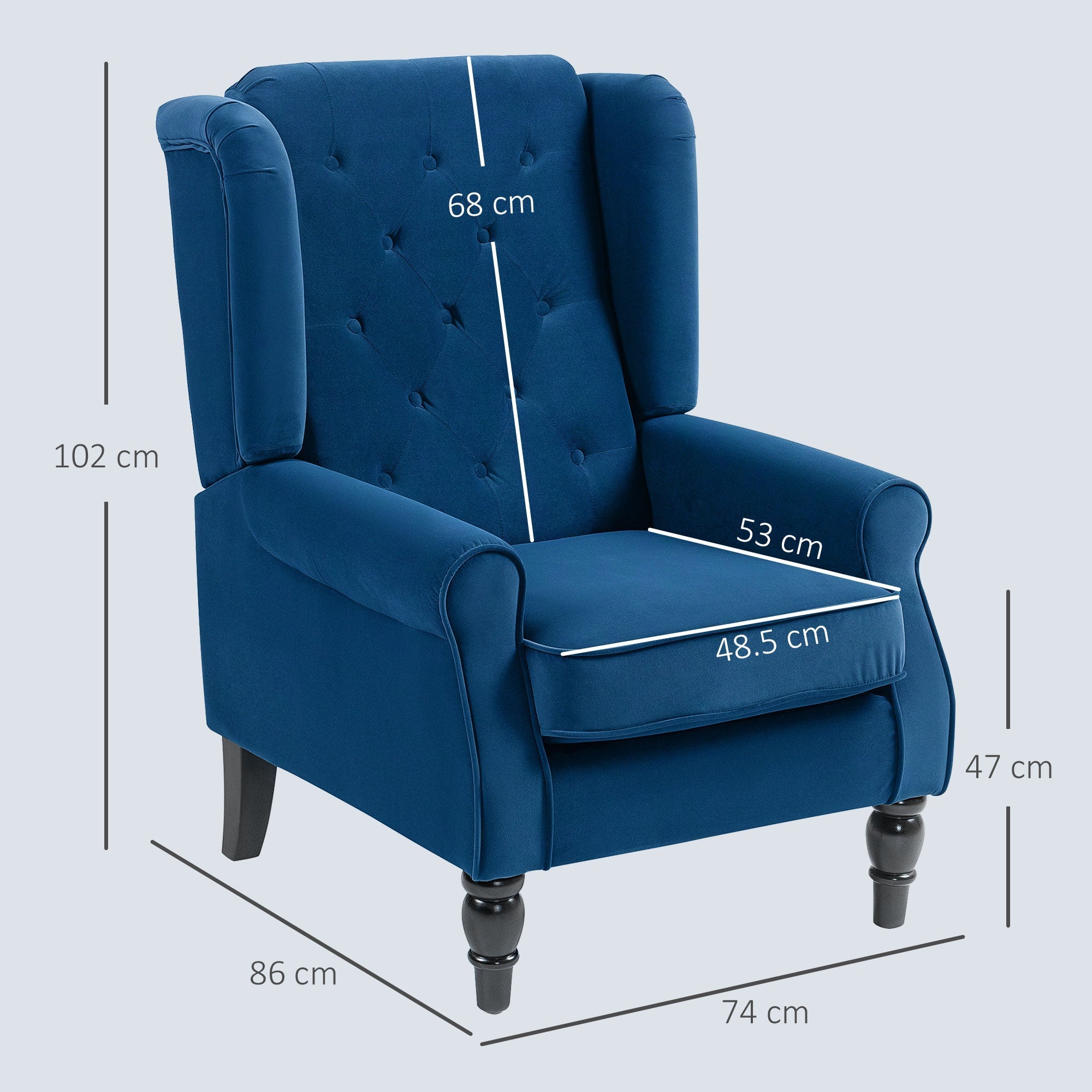 Deep blue velvet wingback accent chair with tufted back and rolled arms perfect for living room floor height seating