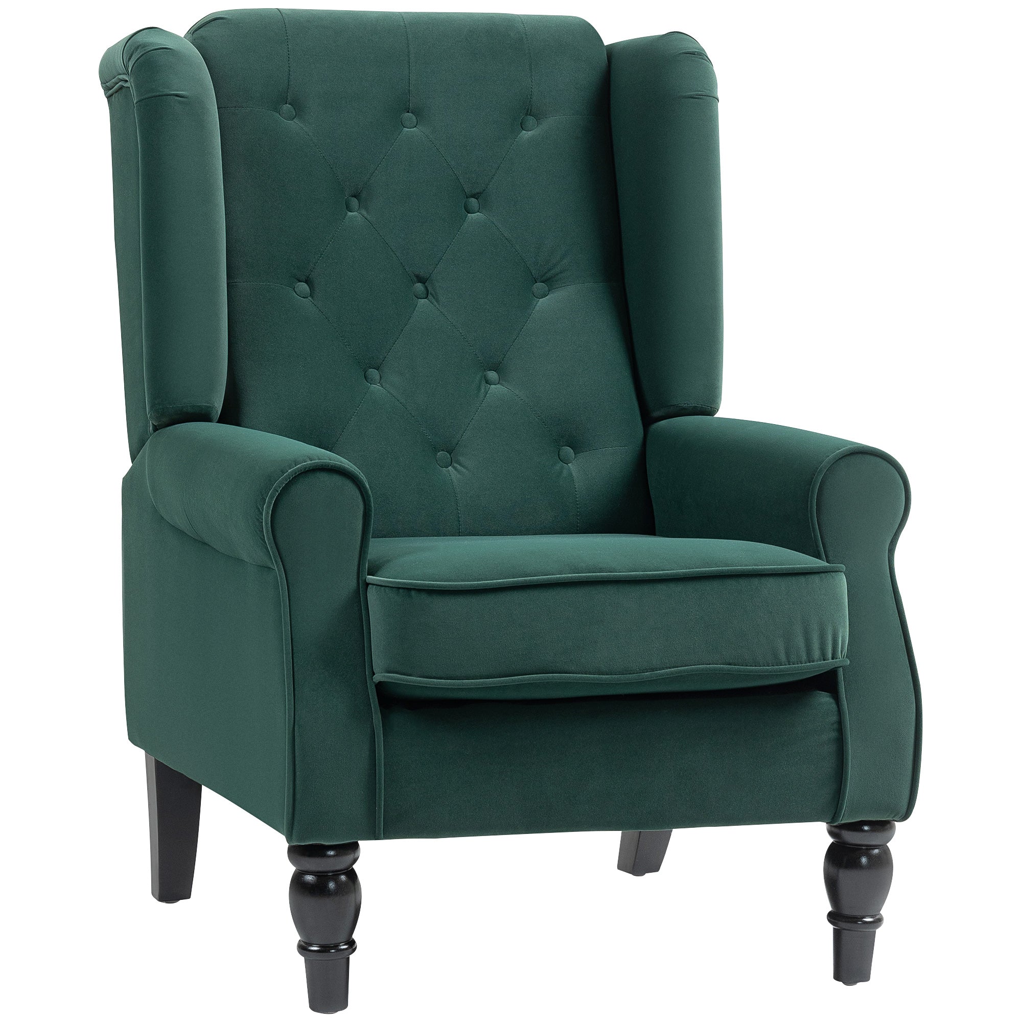 Deep emerald green velvet wingback accent chair with tufted back and dark wooden legs at floor height for living room