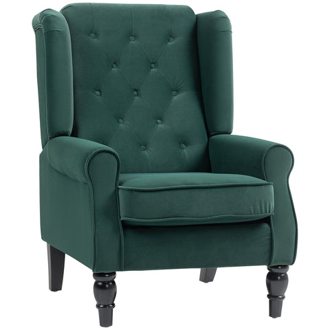 Deep emerald green velvet wingback accent chair with tufted back and dark wooden legs at floor height for living room