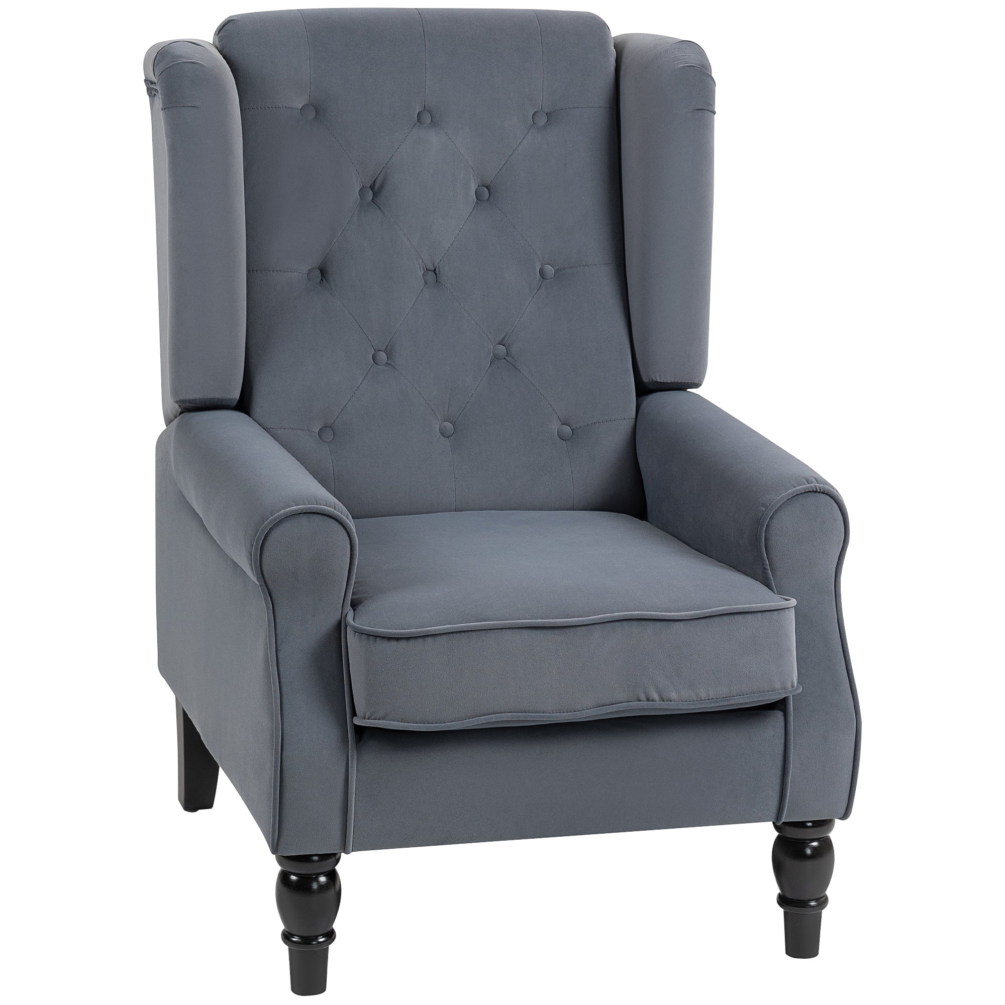 Grey homcom wingback accent chair with tufted plush fabric upholstery and dark wooden legs floor height design