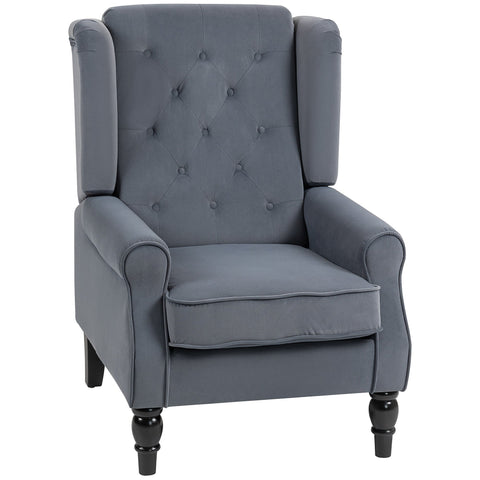 Grey homcom wingback accent chair with tufted plush fabric upholstery and dark wooden legs floor height design