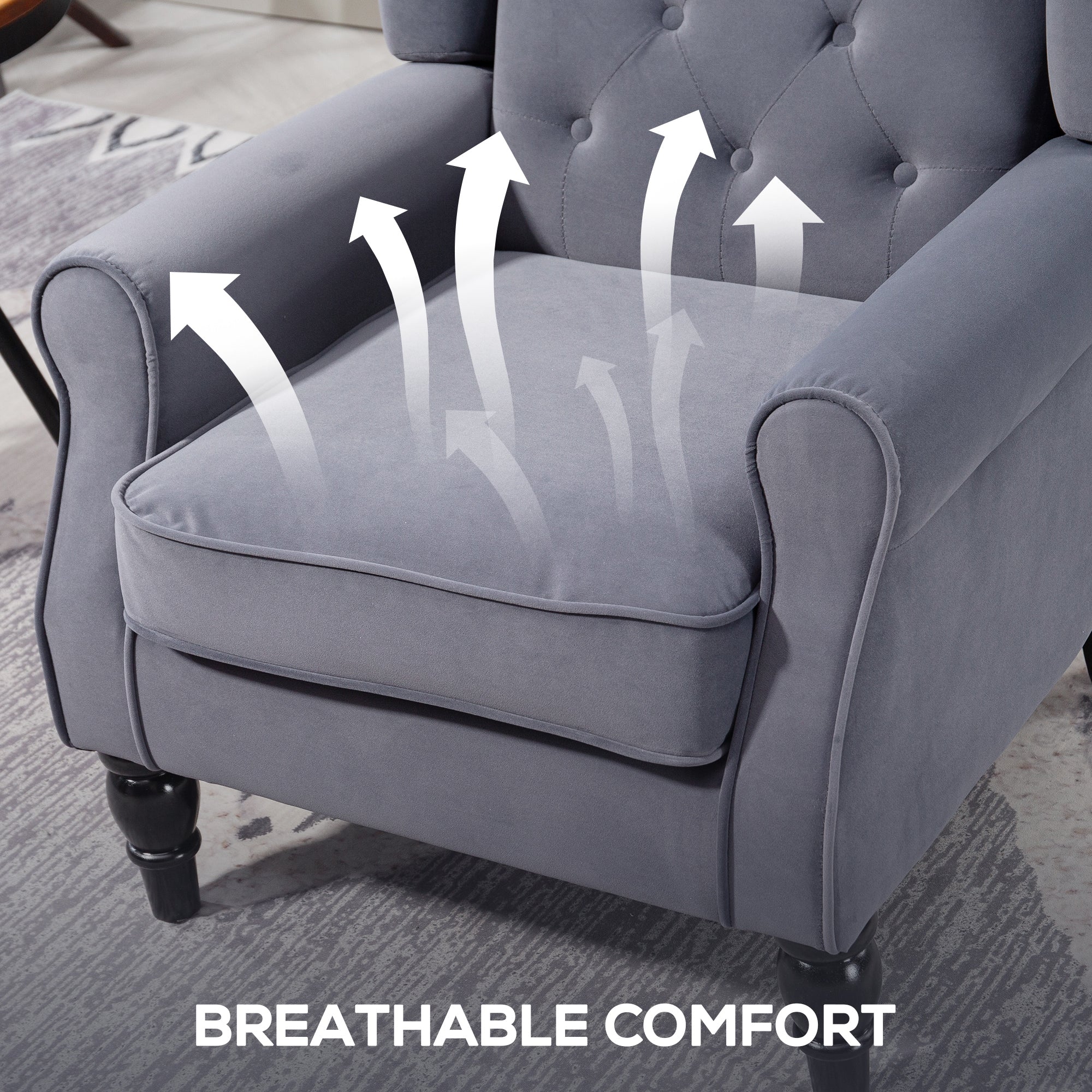 Charcoal grey HOMCOM wingback accent chair in tufted velvet with black wooden legs perfect for floor height seating