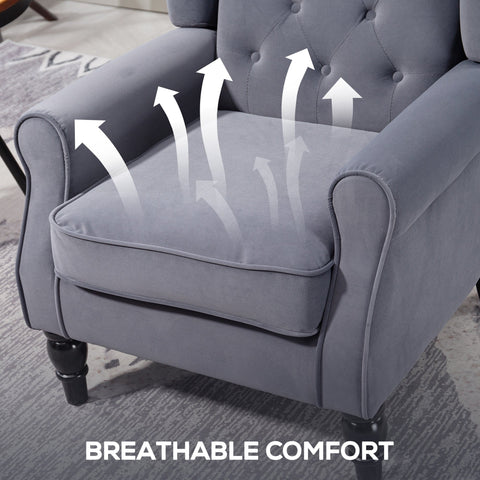 Charcoal grey HOMCOM wingback accent chair in tufted velvet with black wooden legs perfect for floor height seating