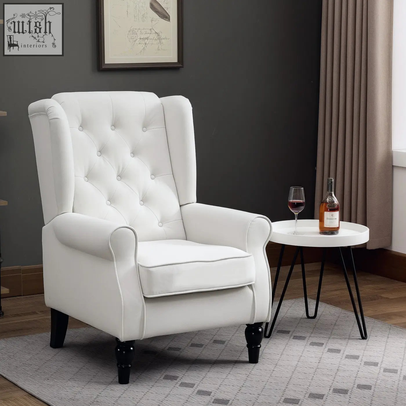 Cream white wingback accent chair with tufted upholstery and wooden frame perfect for living room or bedroom