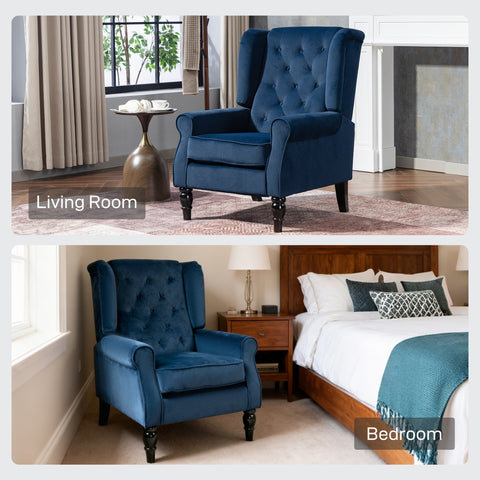 Deep blue velvet wingback accent chair with tufted upholstery and dark wooden floor height legs for living room