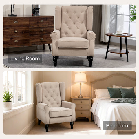 Beige HOMCOM wingback accent chair with button tufted snow flannel upholstery and black wooden legs at floor height