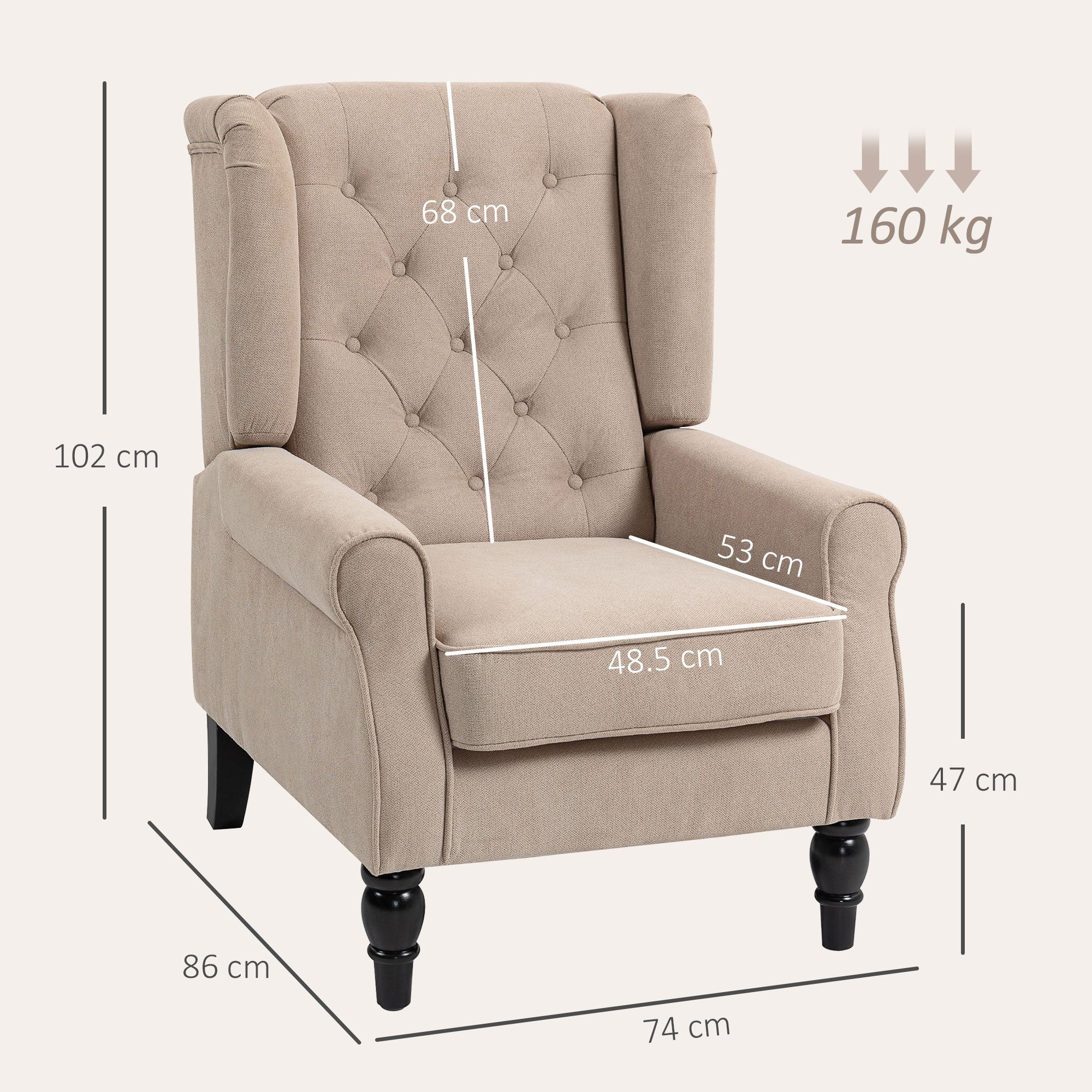Beige HOMCOM wingback accent chair with tufted snow flannel upholstery and black turned legs at floor height