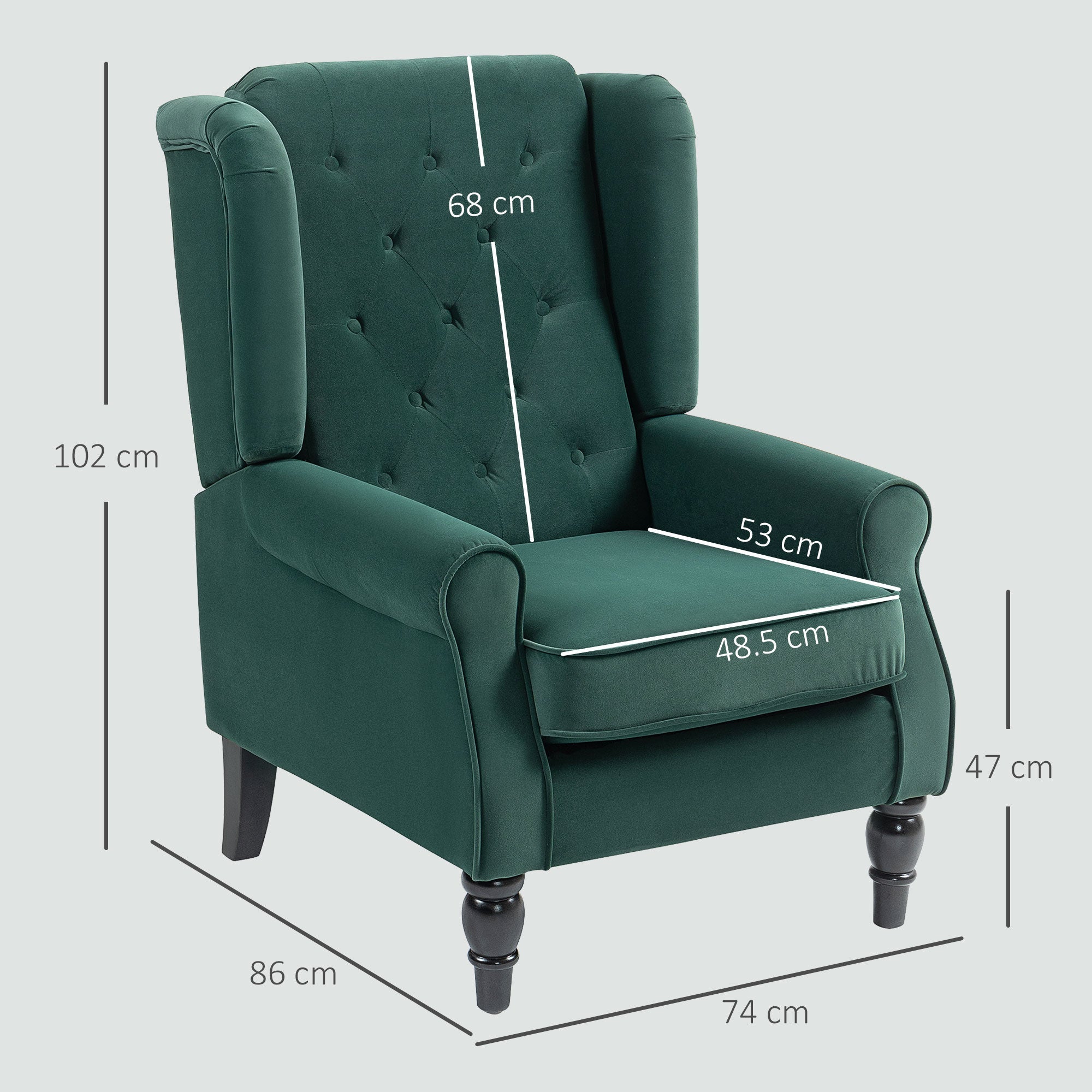 Deep emerald green velvet wingback accent chair with tufted back and dark wooden legs, perfect floor height for living room