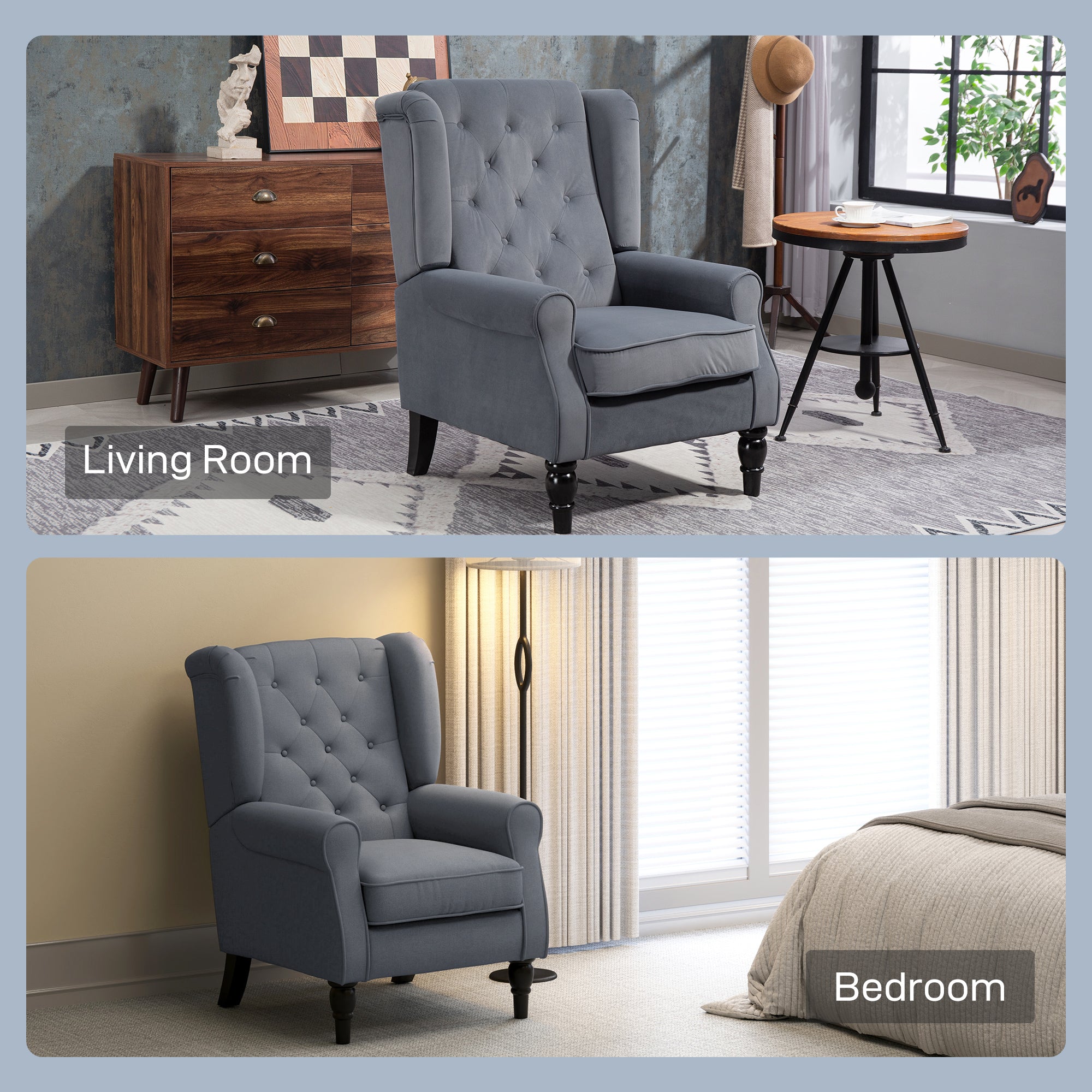 Gray tufted wingback accent chair with dark wooden legs and retro button tufted upholstery perfect for floor height seating
