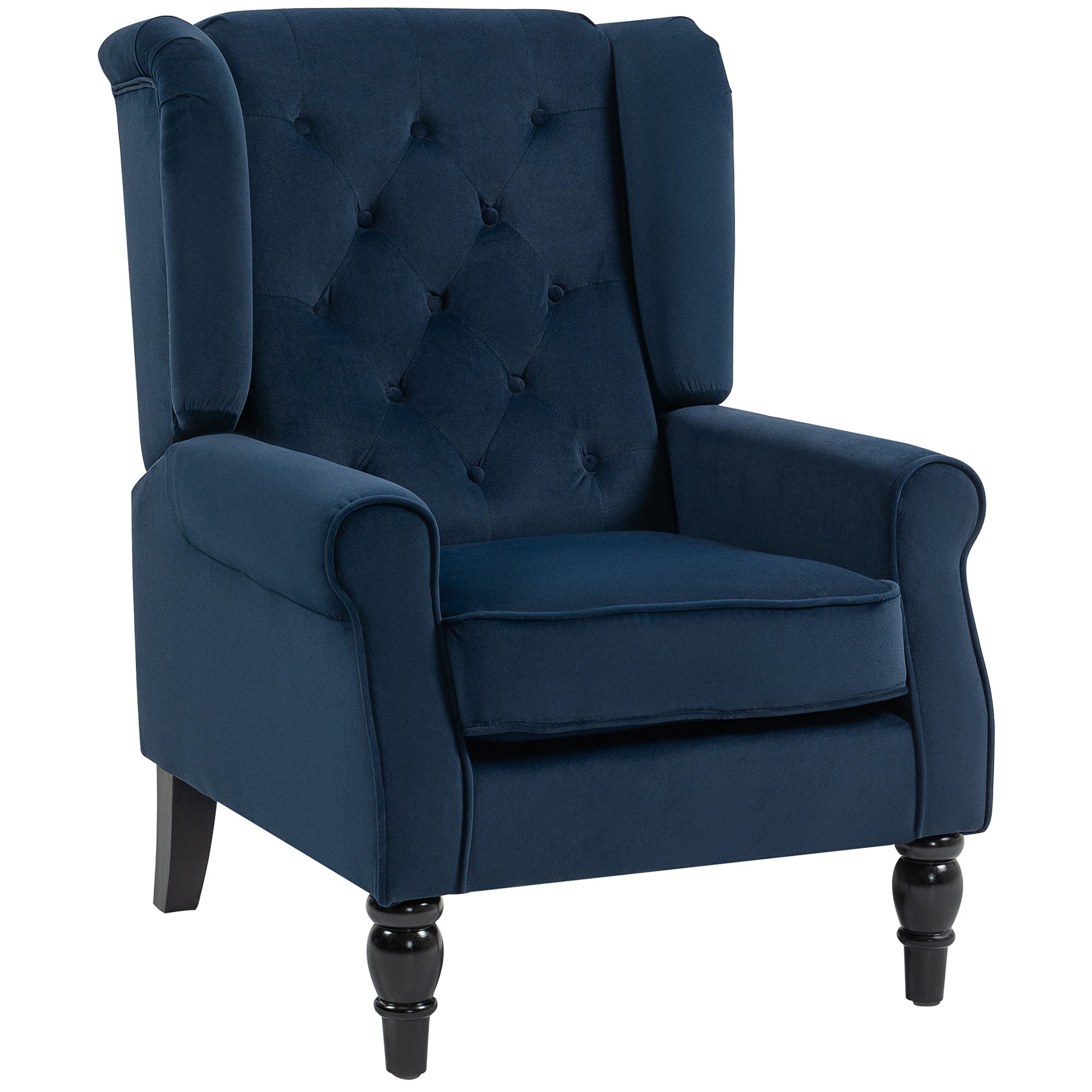 Deep navy velvet wingback accent chair with tufted back and dark wooden legs perfect for living room or bedroom floor height