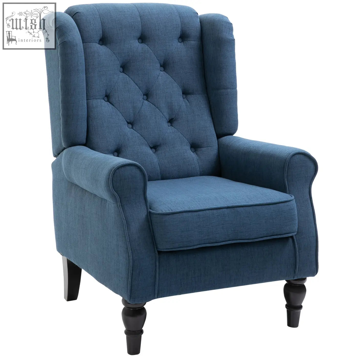 Deep blue tufted wingback accent chair with rolled arms and dark wooden legs perfect for living room floor height seating