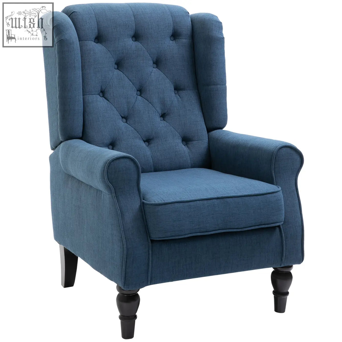 Deep blue tufted wingback accent chair with rolled arms and dark wooden legs perfect for living room floor height seating