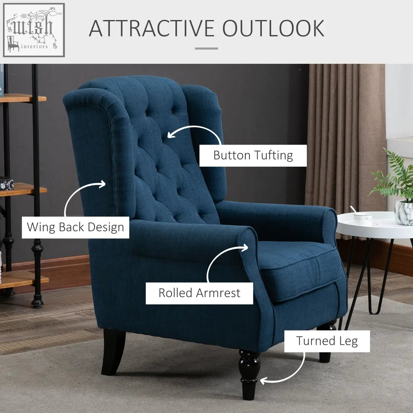 Deep blue velvet wingback accent chair with button tufting rolled arms and turned legs perfect for floor height use
