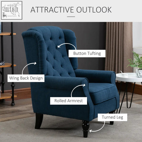 Deep blue velvet wingback accent chair with button tufting rolled arms and turned legs perfect for floor height use