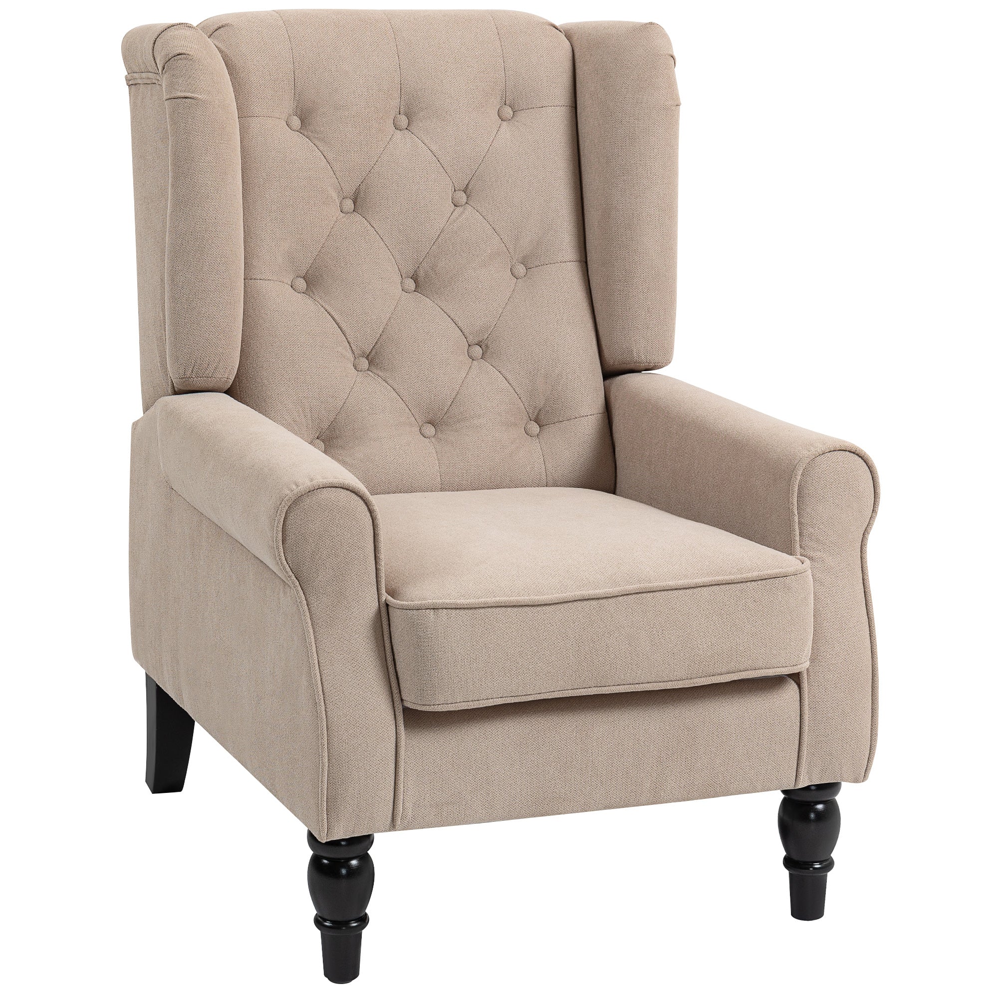 Beige HOMCOM wingback accent chair with button tufted snow flannel upholstery and black turned floor height legs
