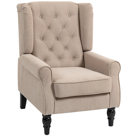 Beige HOMCOM wingback accent chair with button tufted snow flannel upholstery and black turned floor height legs