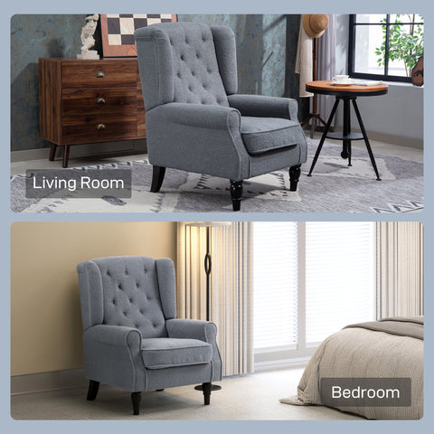 Gray tufted wingback accent chair with dark wooden legs featuring teddy fleece upholstery and comfortable floor height seating
