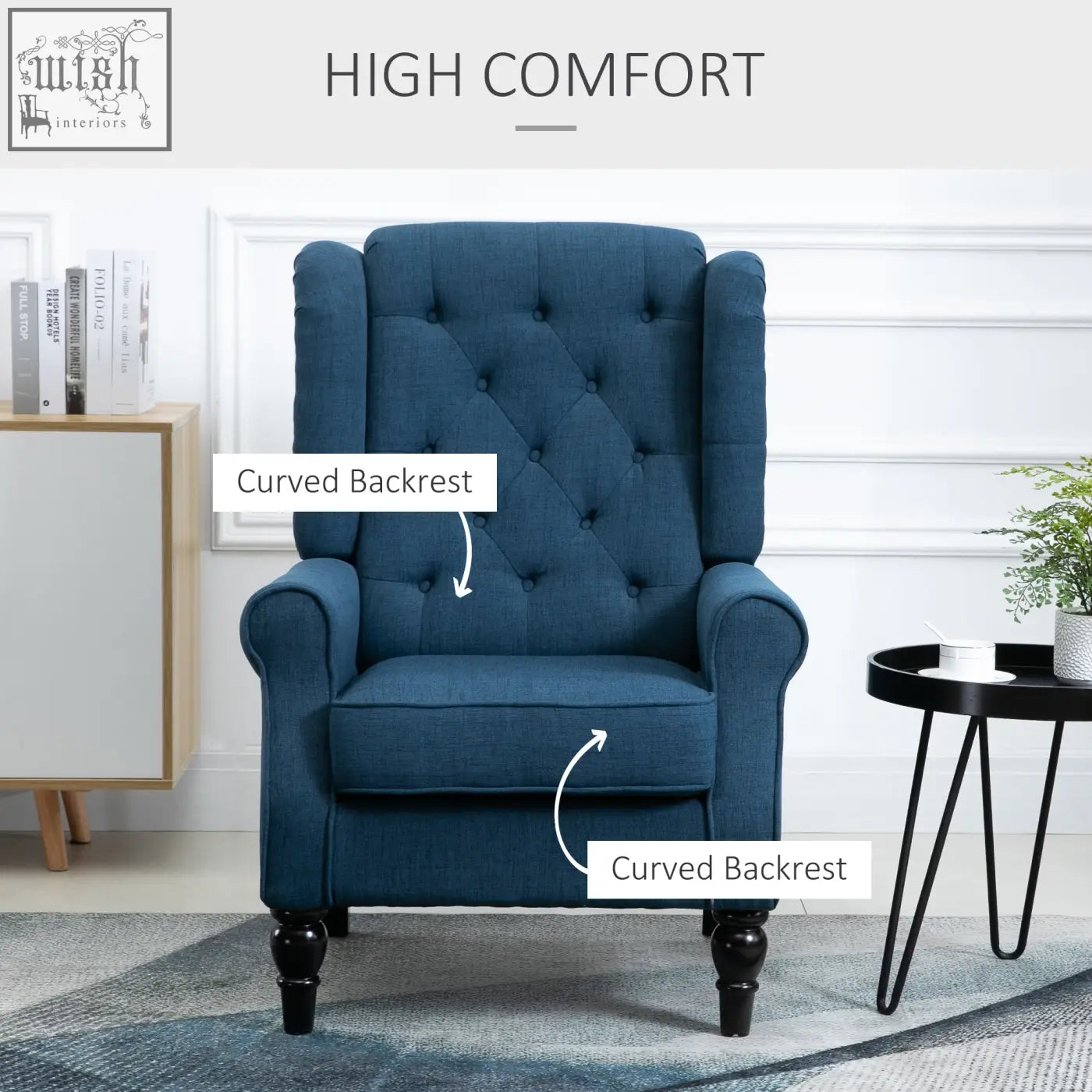 Deep blue HOMCOM wingback accent chair with button tufted upholstery and dark wooden legs at floor height
