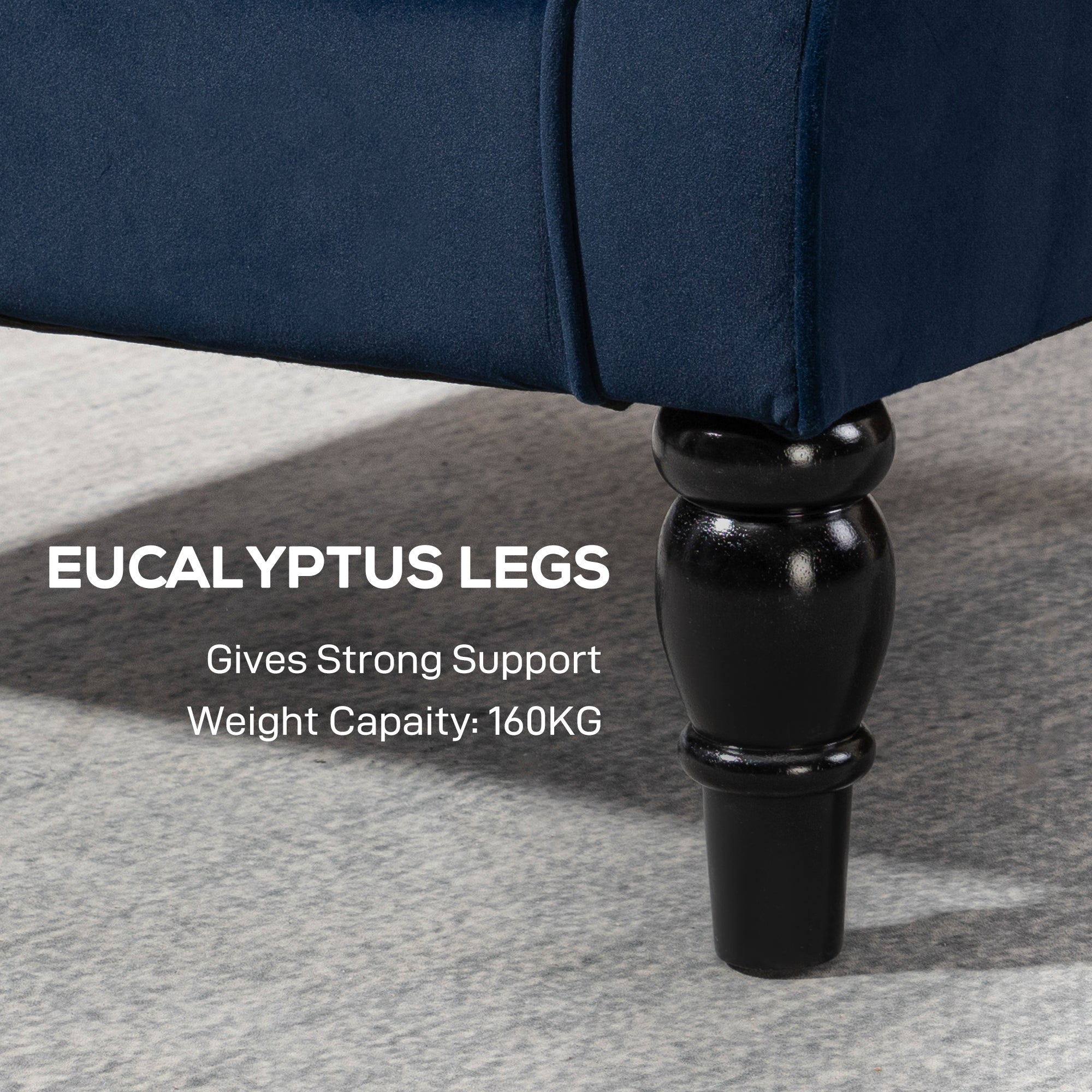 Black eucalyptus leg of homcom dark blue wingback accent chair with polished turned design and floor height detail
