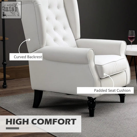 Cream white accent chair with tufted leather upholstery and black wooden frame perfect for living room or bedroom